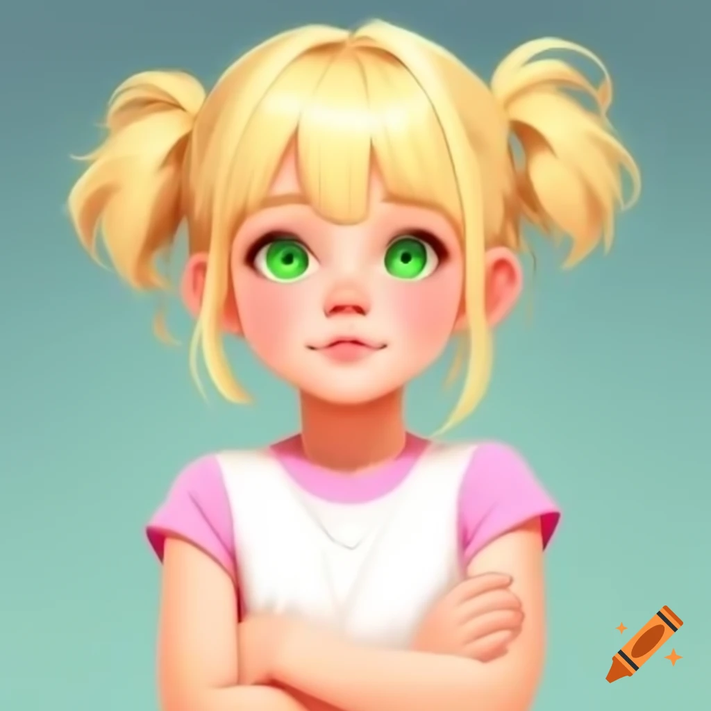 Anime girl with blonde hair and green eyes in pink t-shirt