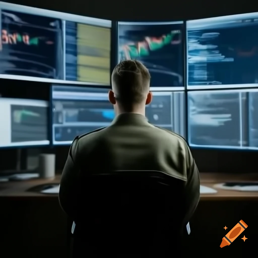 Estonian military analyst in uniform working with multiple computer screens displaying real time data