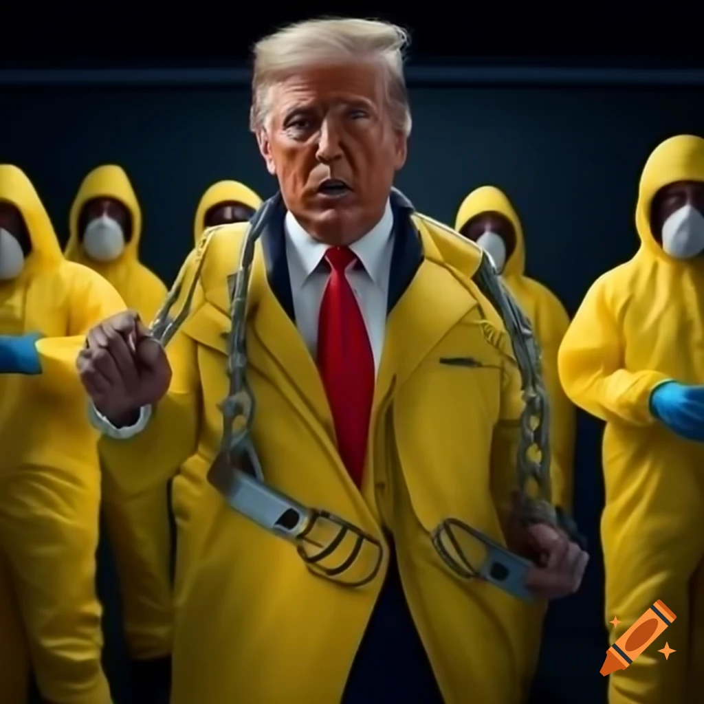 Satirical photorealistic scene of Donald Trump in handcuffs with men in hazmat suits and Melania laughing