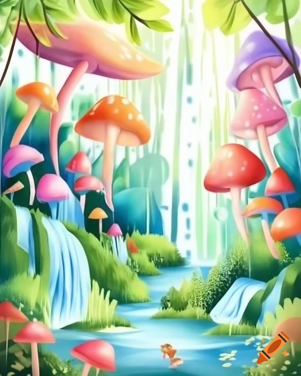 Whimsical watercolor of magical forest with waterfalls, colorful mushrooms, and fairies