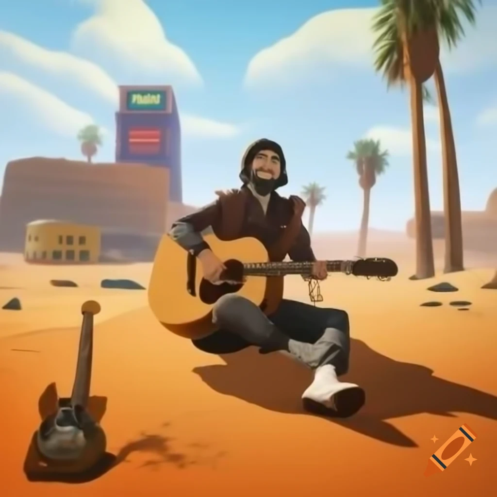 Guitar player under palm tree on desert island with hotel California background
