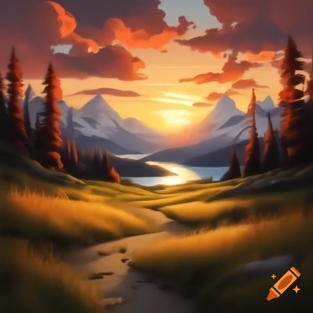 Open field at sunset with tall grass and warm sky hues