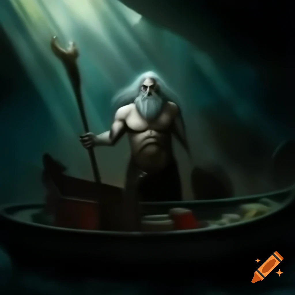 Mythological painting of Charon in boat on dark river with strong shadows