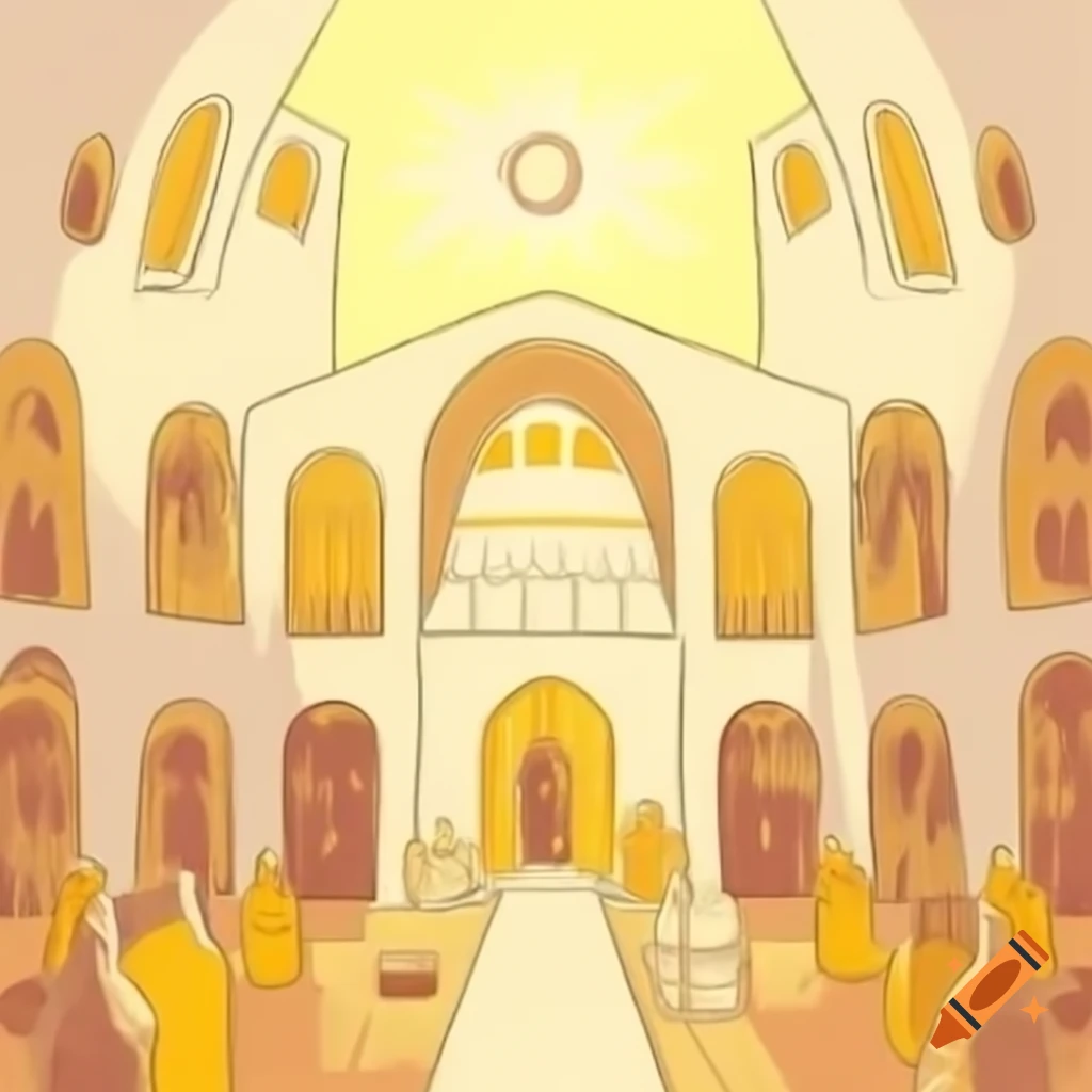 Sketch of Orthodox and Catholic pilgrims praying inside large temple with sunlight streaming in