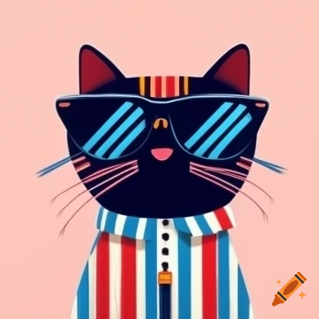 Cartoon art of black cat with pyjama stripes and sunglasses