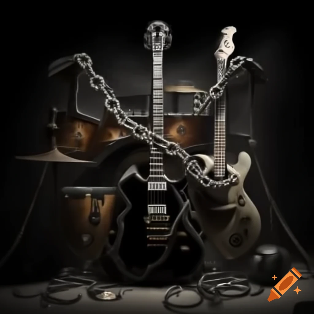 Legendary rock album cover with broken chains, electric guitars, and drumsticks in dark color palette