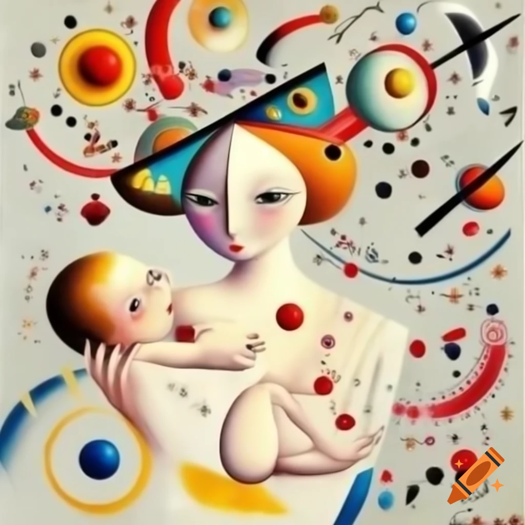 Surrealist oil painting evoking happy memories of mother and baby boy