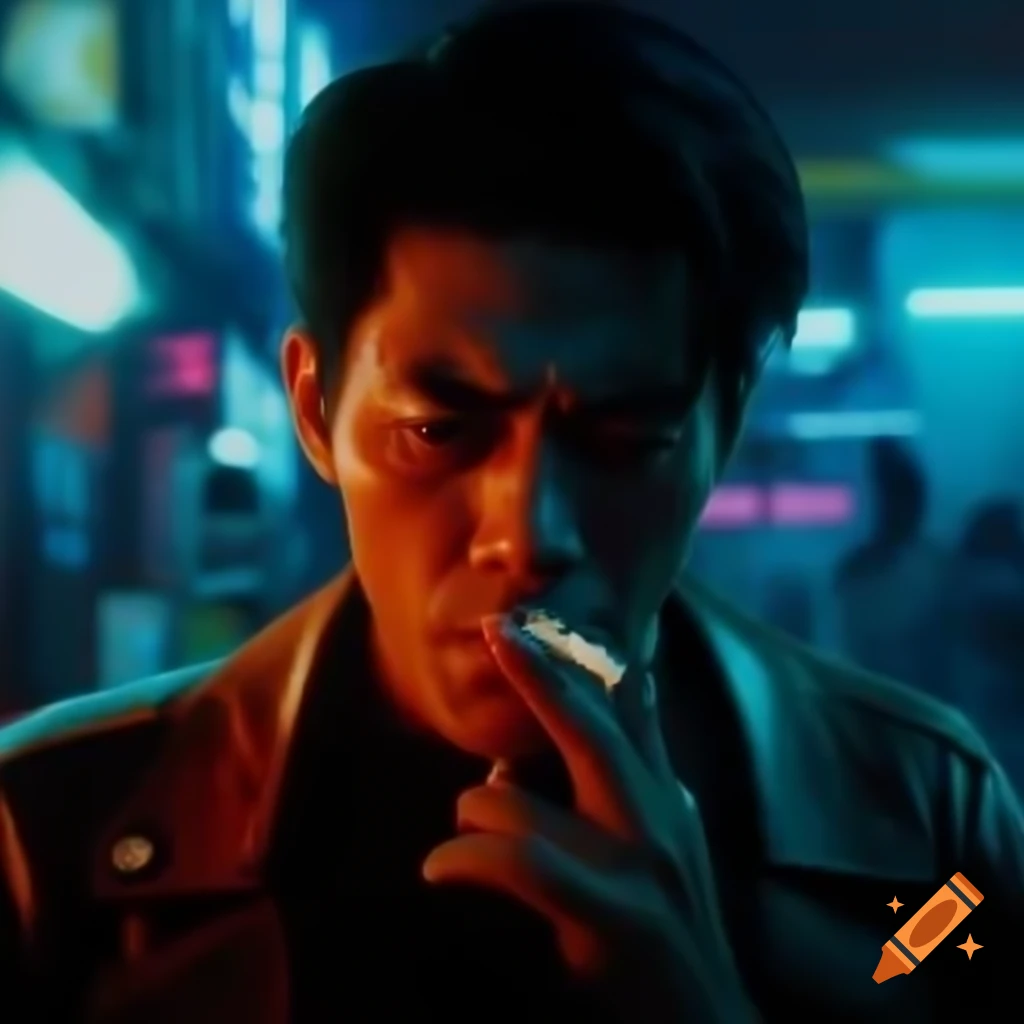 Man with cigarette in cyberpunk cityscape, expressing sadness