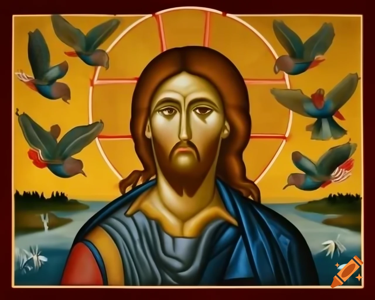 Byzantine mosaic of Jesus surrounded by birds and water, by Svetoslav Roerich