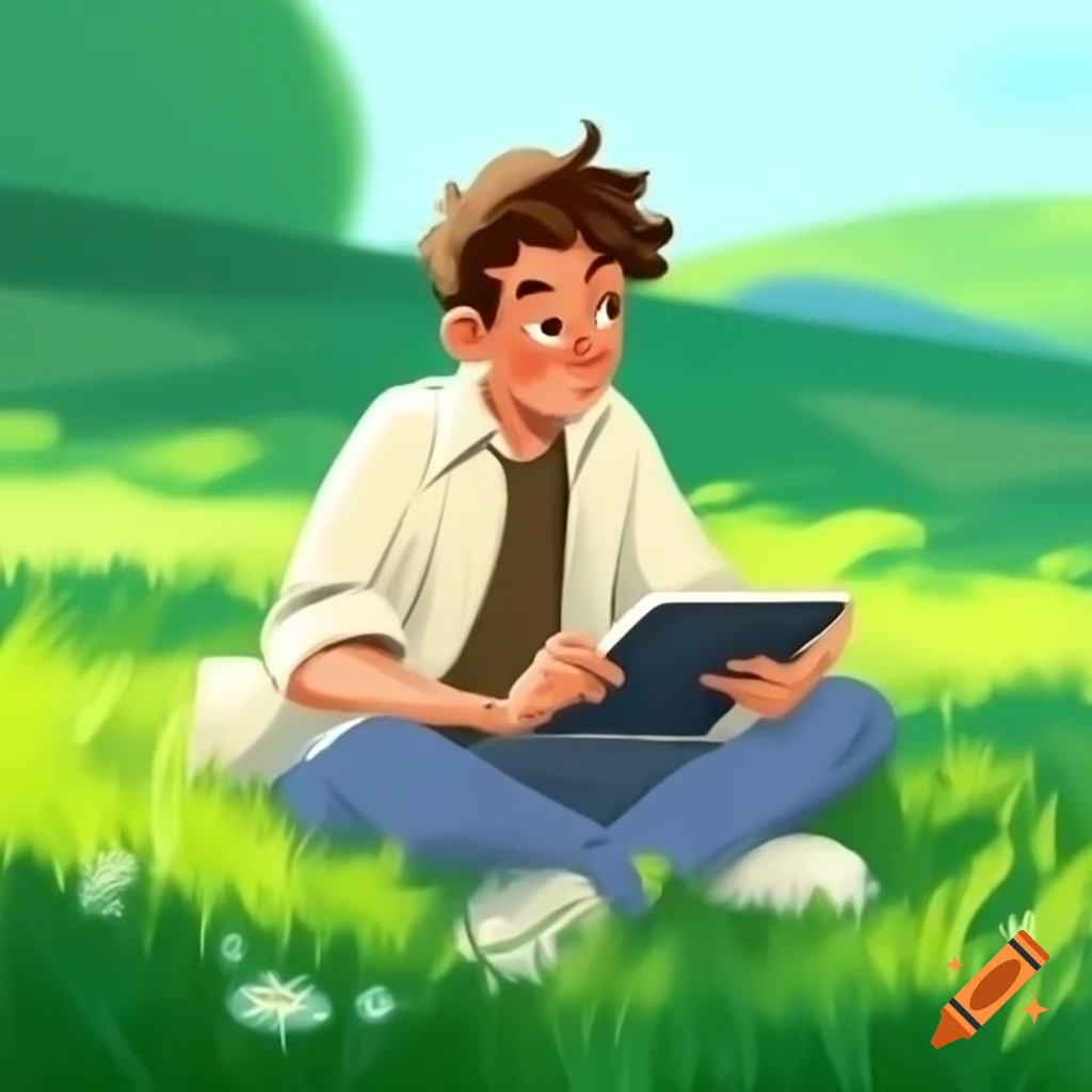 Young man using iPad to draw in green field