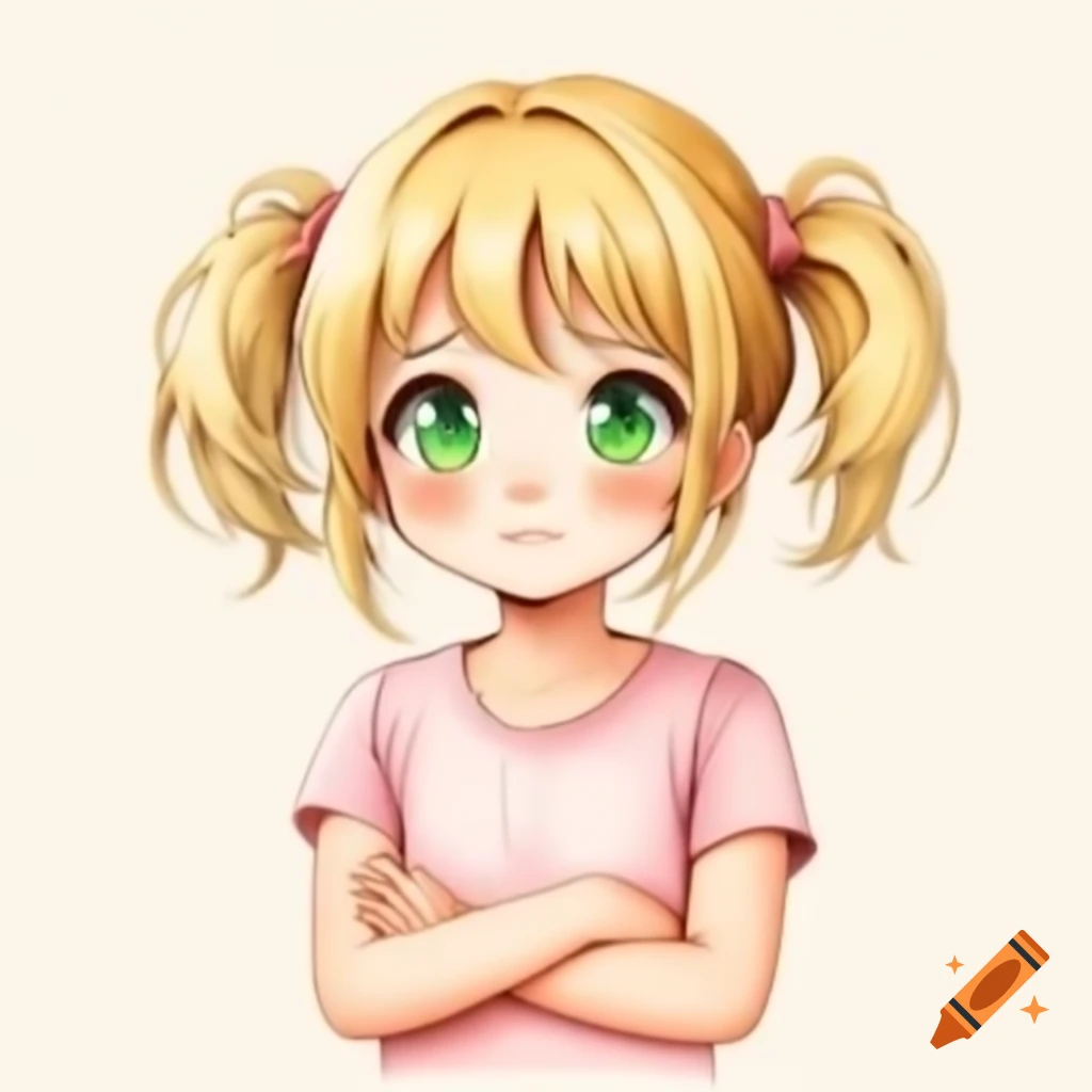 Anime girl with blonde hair and green eyes, arms crossed in light pink shirt