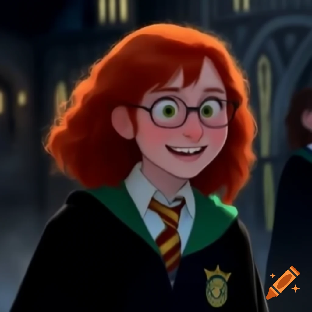 Redhead student in Hogwarts dungeon studying herbology, Ravenclaw and Slytherin elements