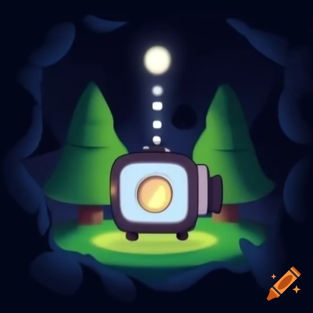 Cute projector with light eye glowing in darkness behind tree