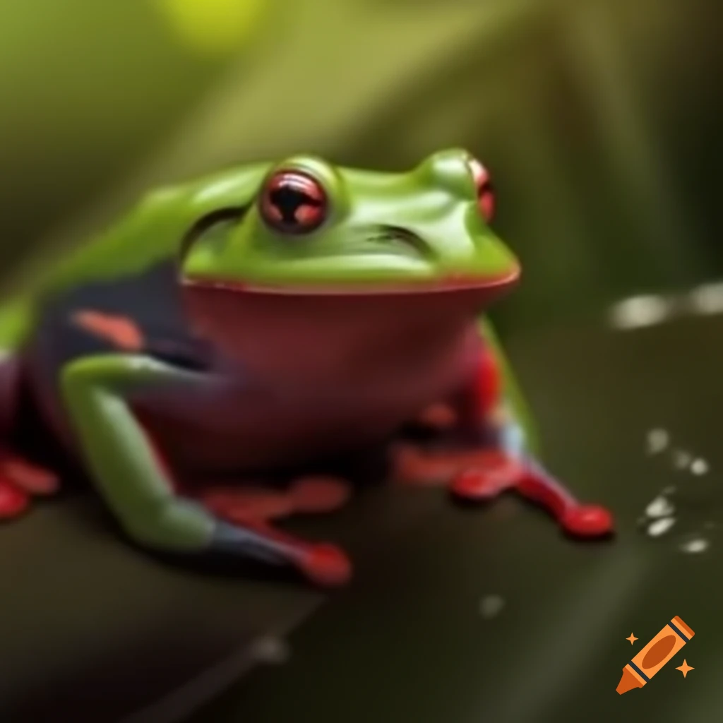 Bull charging at a red frog