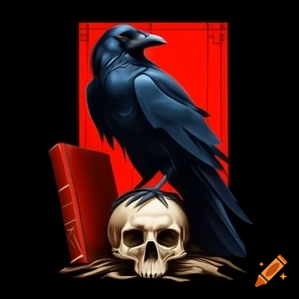 Raven on skull framed by red book