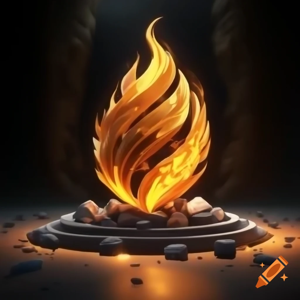 Golden flame illustration with intricate lines on stone altar against dark background