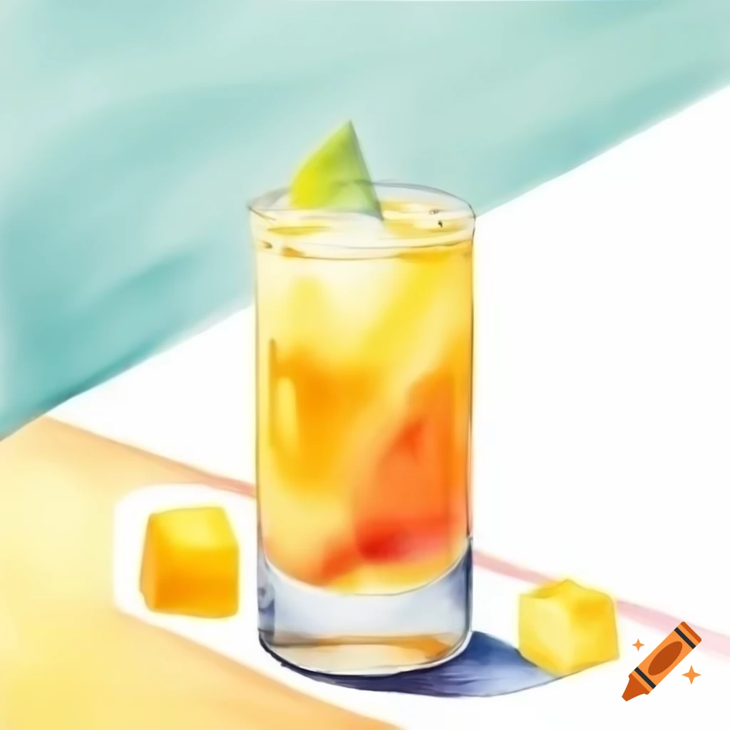 Watercolor illustration of a sophisticated cocktail in clear glass with tropical hues
