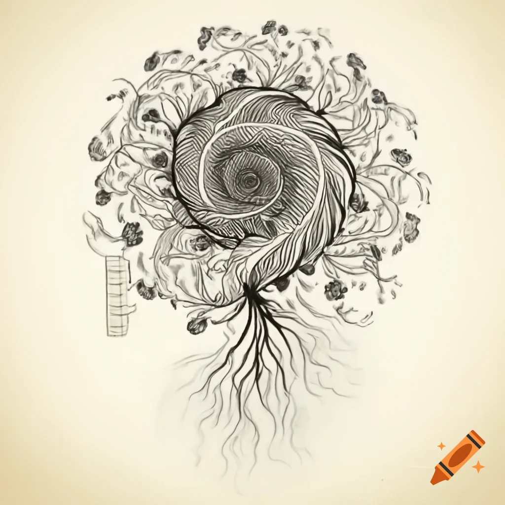 Ink spiral drawing depicting roots, brambles, leaves, and flowers