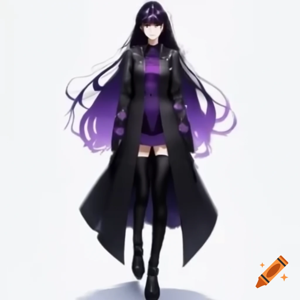 Anime girl with black hair and purple fade wearing a black trench coat and long black boots