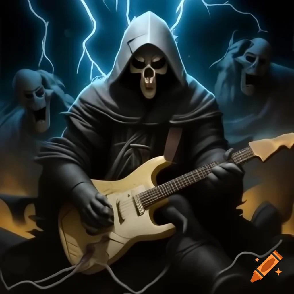 Grim Reaper playing electric guitar with lightning in dramatic fantasy art style