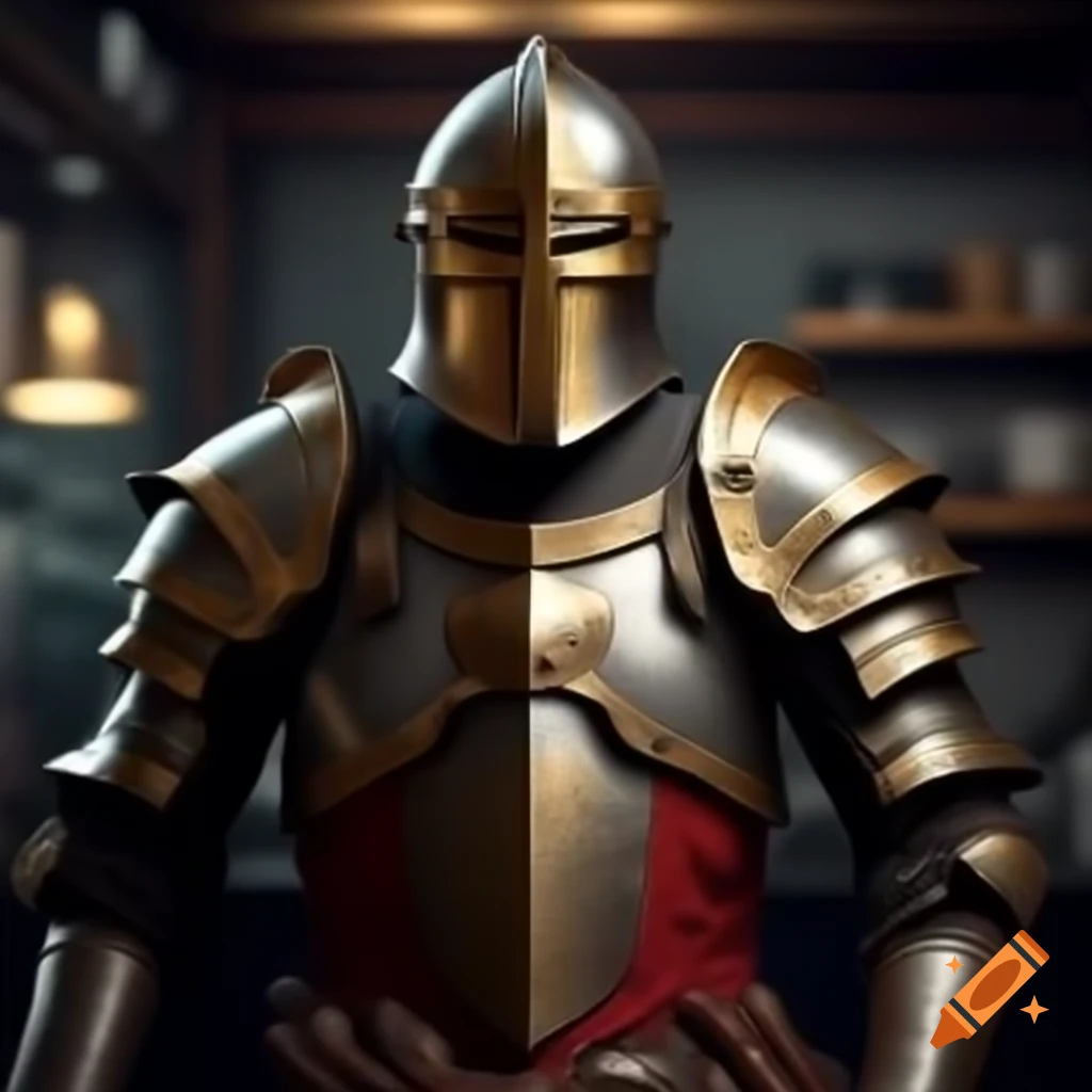 Suit of armor displayed in a cozy coffee shop setting