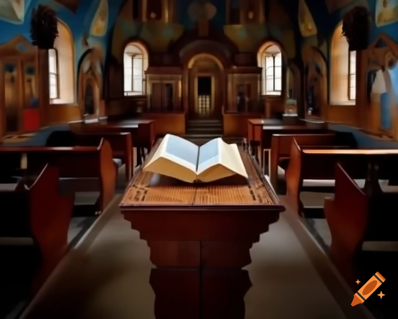 Open book on table in church with iconostasis and beautiful illumination