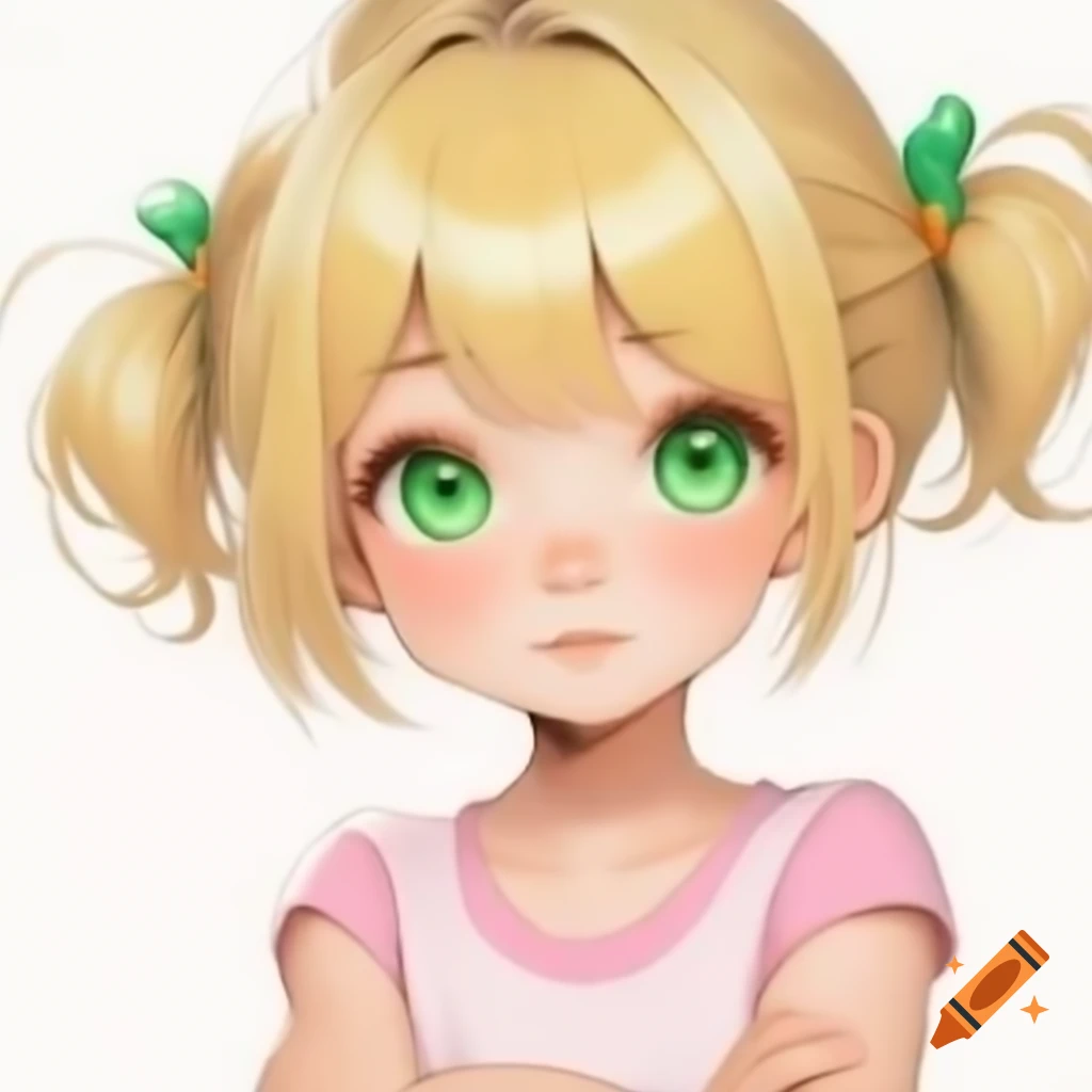 Anime girl with blonde hair and green eyes wearing light pink shirt, arms crossed