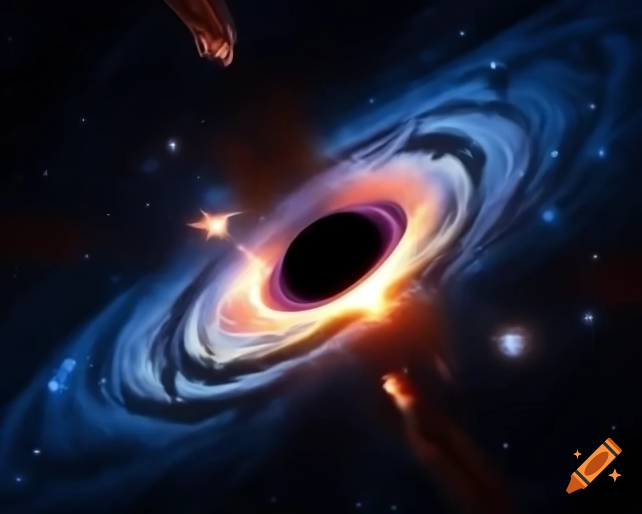 Realistic black hole in star-filled space with ray tracing and anamorphic lens flare