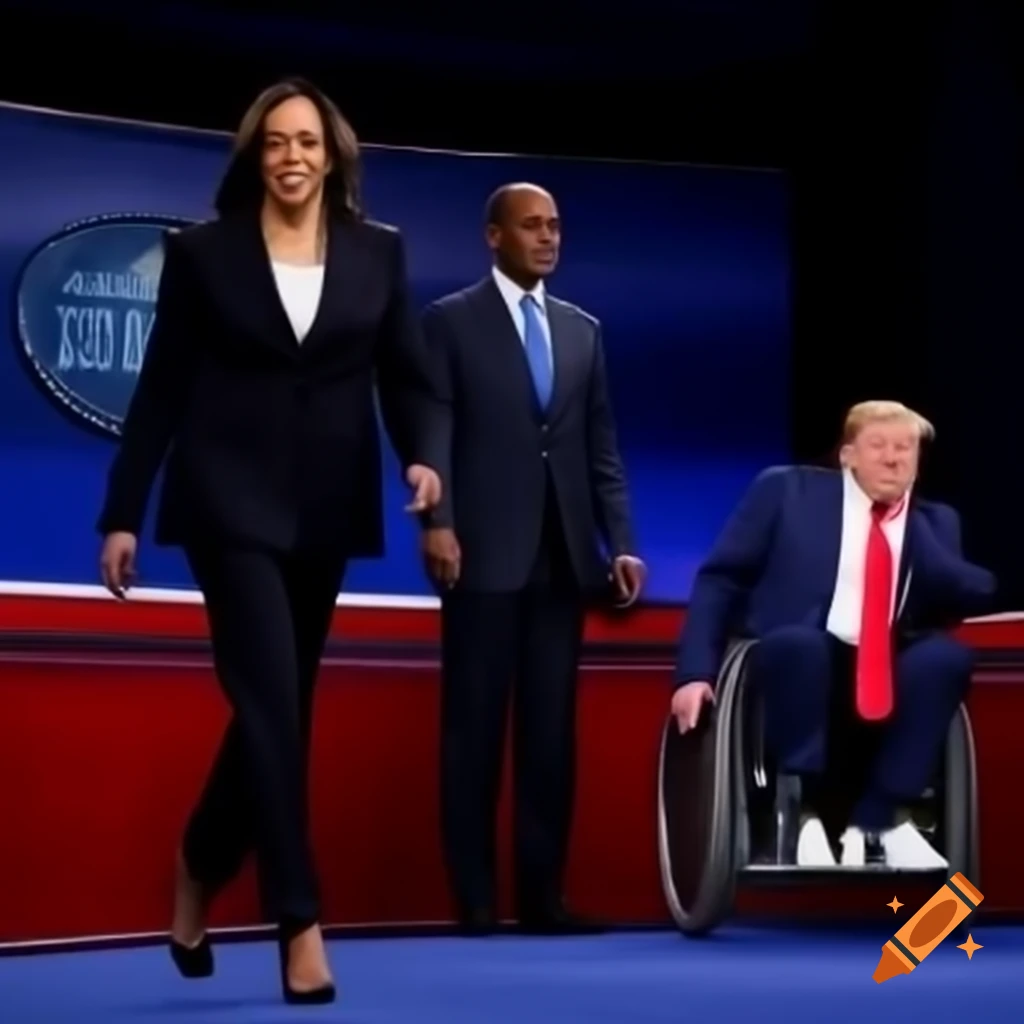 Kamala Harris walking confidently onto debate stage with Trump seated in wheelchair