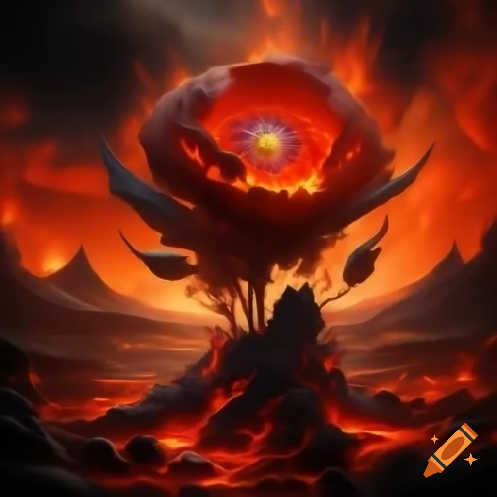 Crystalline poppy in volcanic landscape with glowing lava