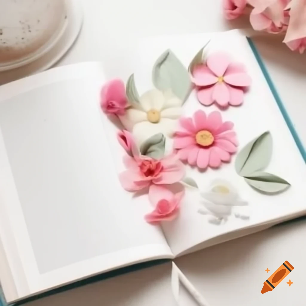 Open book with one decorated page featuring paper flowers and a blank page for writing