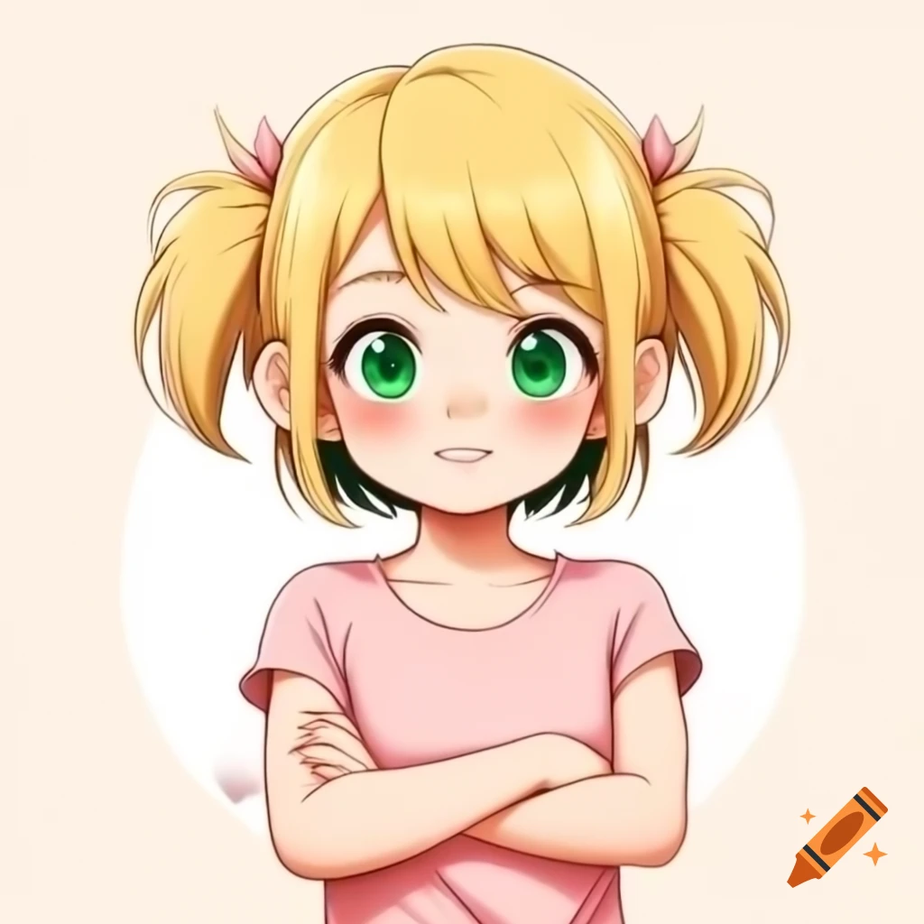 Anime girl with blonde hair and green eyes, arms crossed in light pink shirt