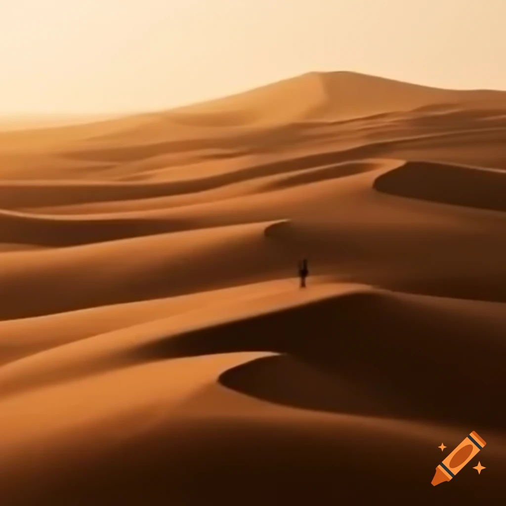 Solitary figure walking on vast sand dunes with warm glowing light