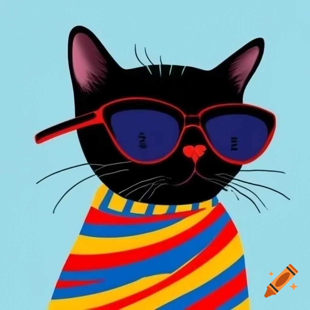 Cartoon art of black cat with pyjama stripes and sunglasses