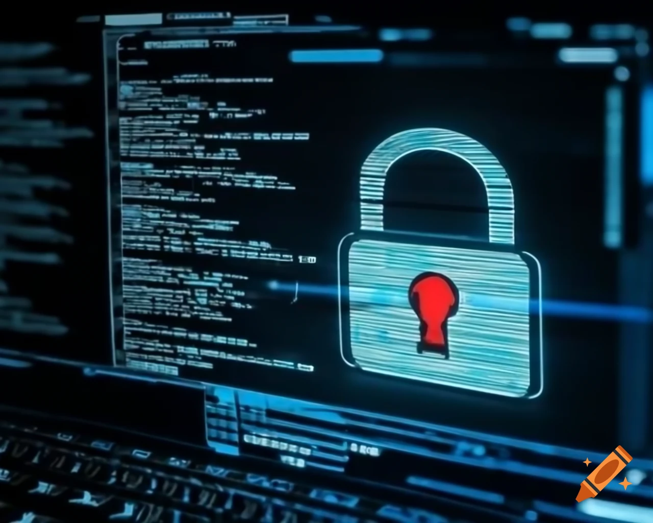 Computer notebook displaying code and locked with red padlock, ransomware illustration
