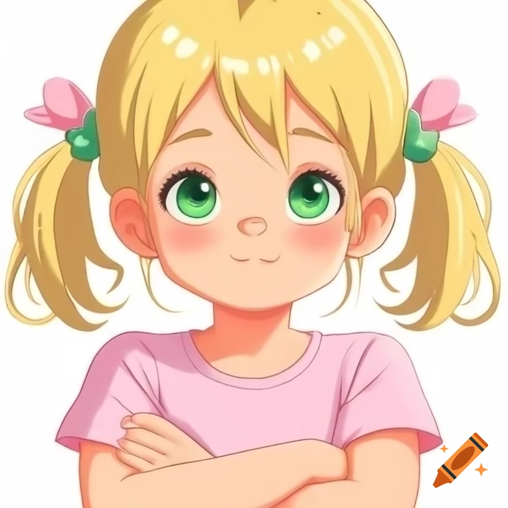 Anime girl with blonde hair and green eyes in pink sleeveless shirt, arms crossed