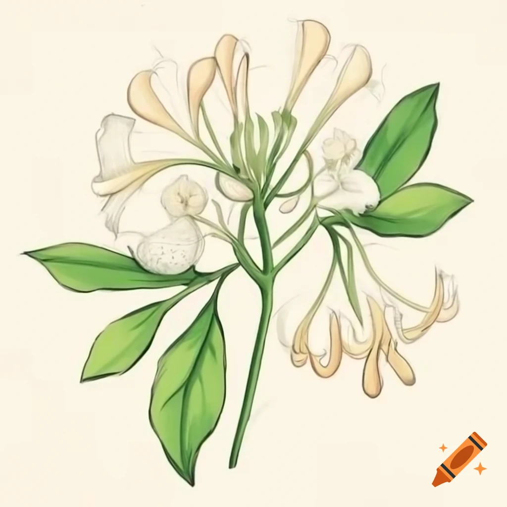 Colored sketch of a white honeysuckle flower with leaves