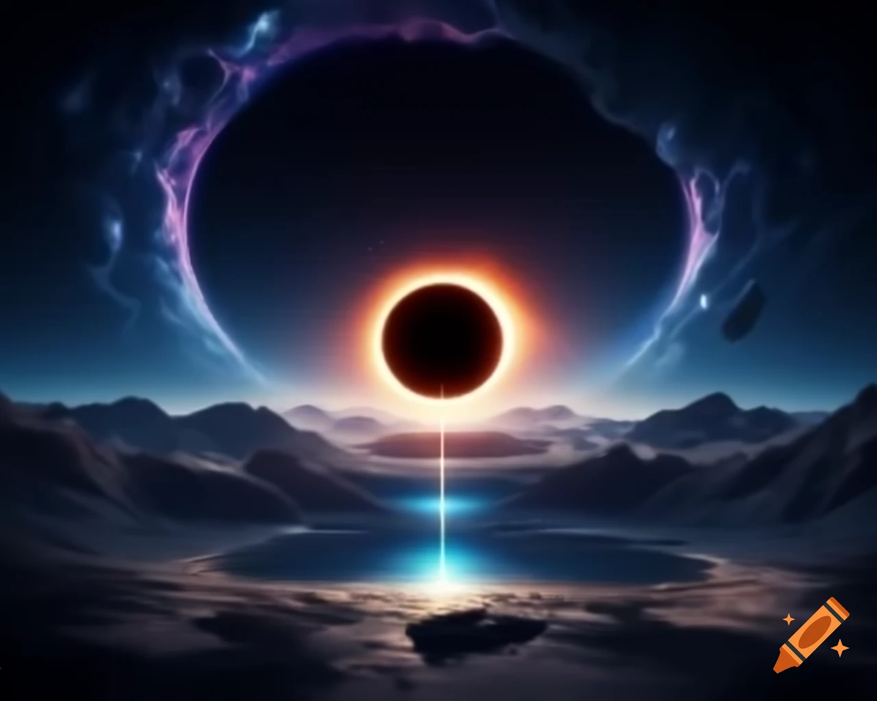 Hyperrealistic black hole in space surrounded by stars with blue and orange rim lights