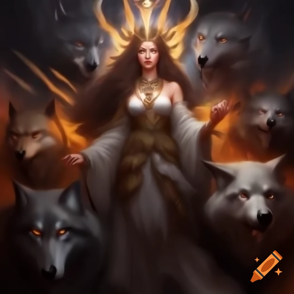 Goddess of beasts surrounded by wolves and dragons in an epic fantasy setting