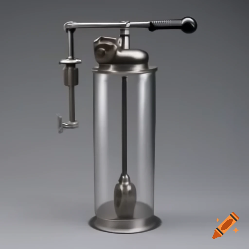 Sinister metallic handheld apparatus with handle, trigger, and glass cylinder for measuring air pressure