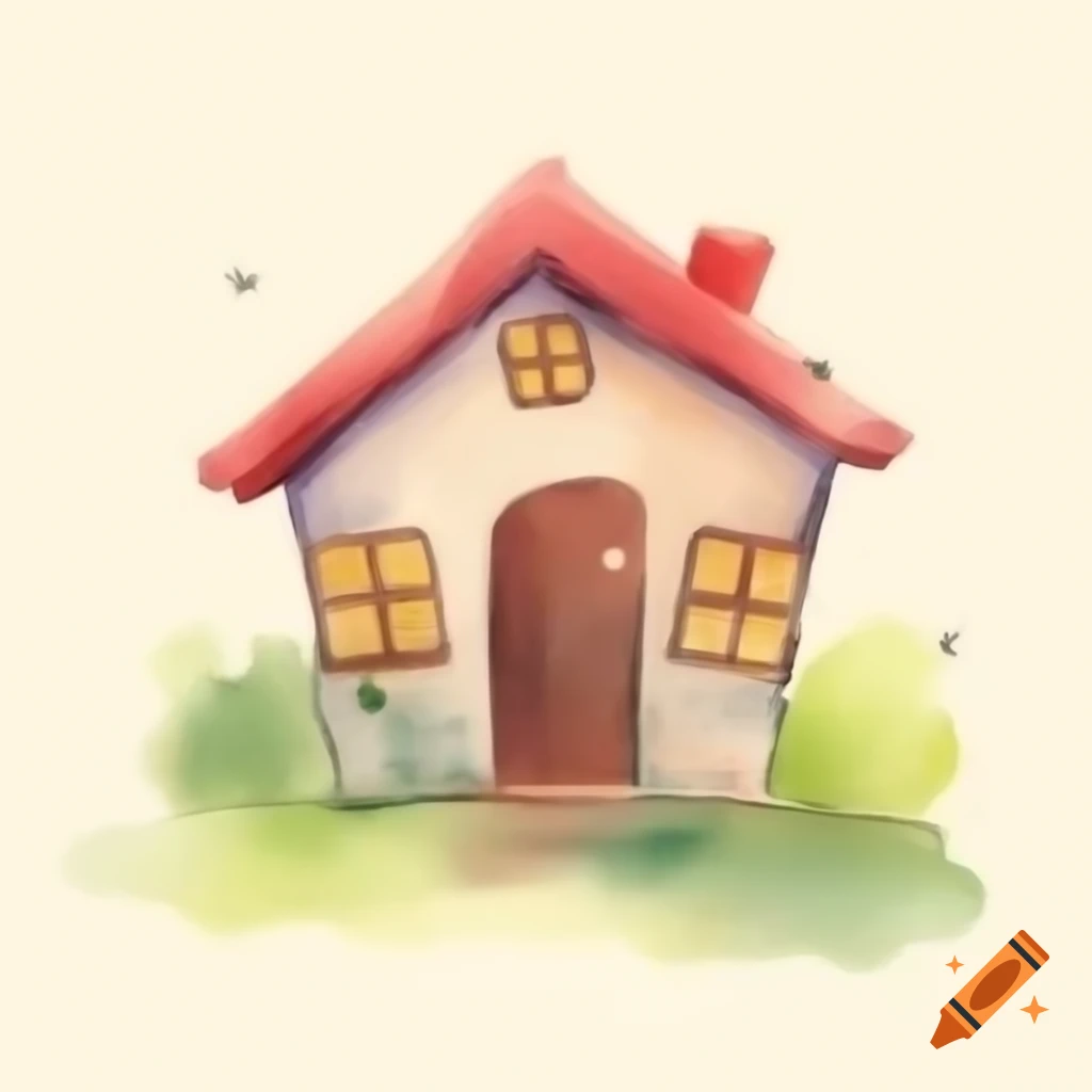 Cartoonish house illustration on white background in watercolor style