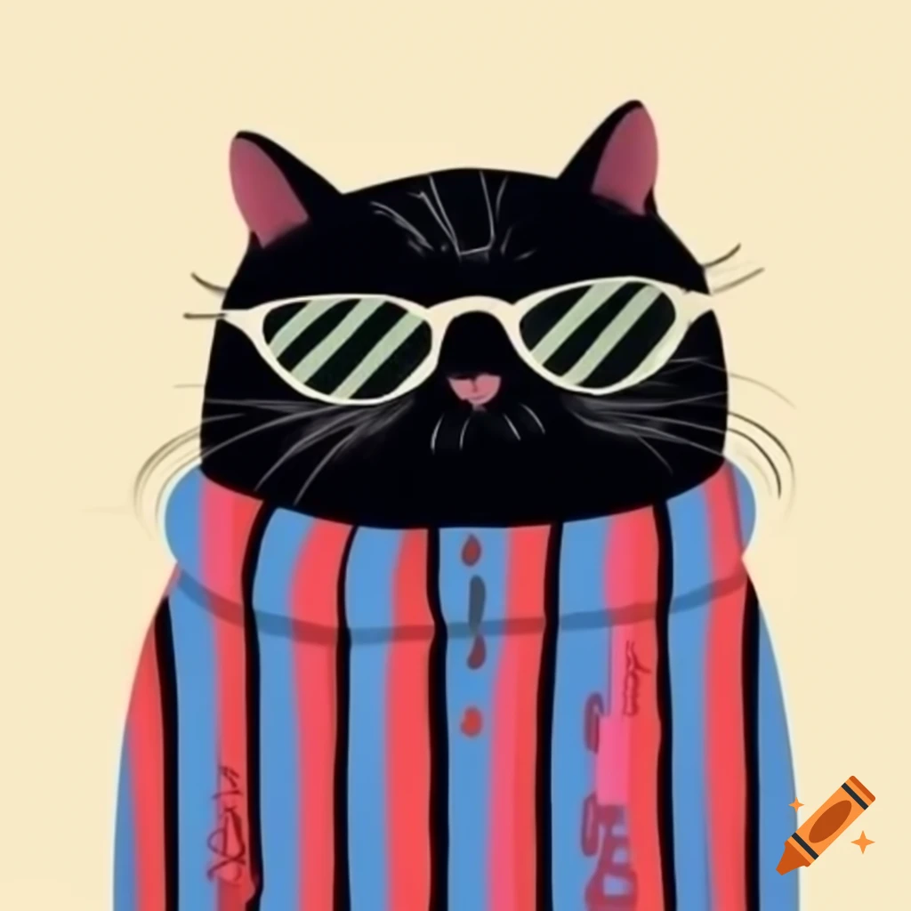 Cartoon art of black cat with pajama stripes and sunglasses