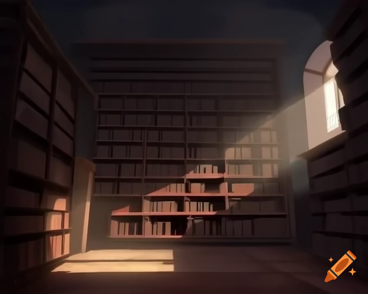 Old library with shelves of books and character Layla examining dusty wooden box