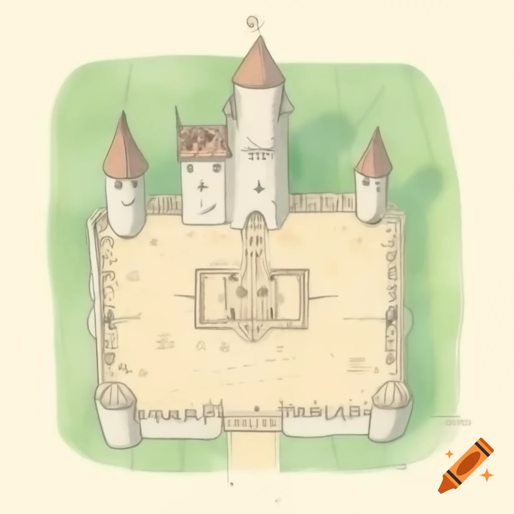 Hand-drawn aquarelle map of squared castle with keep and towers