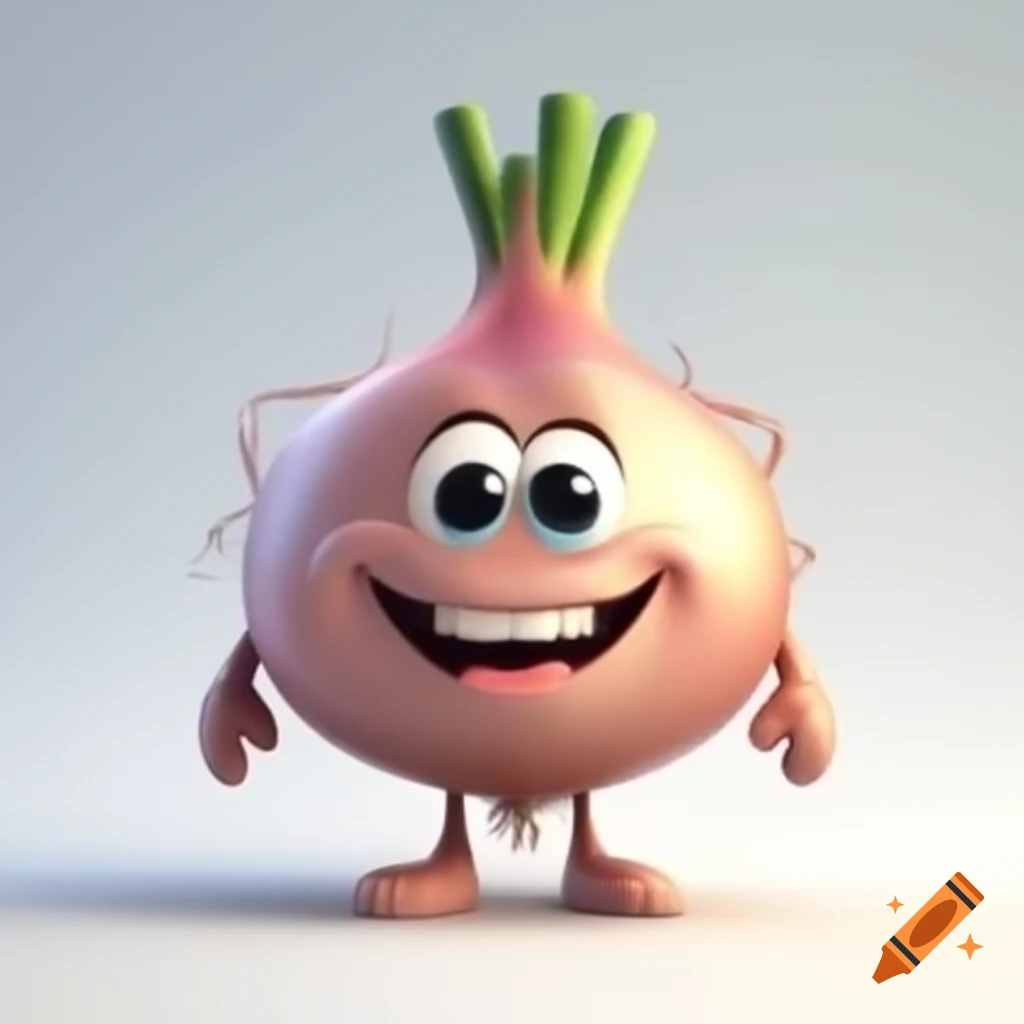 Cartoon onion with smiley face and eyes on clear white background