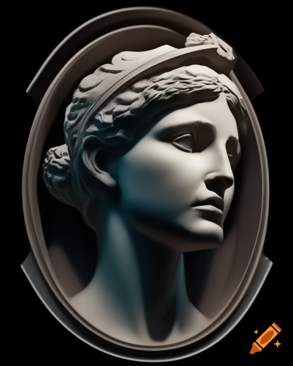 Hyperrealistic sculpture of Athena surrounded by celestial nebula