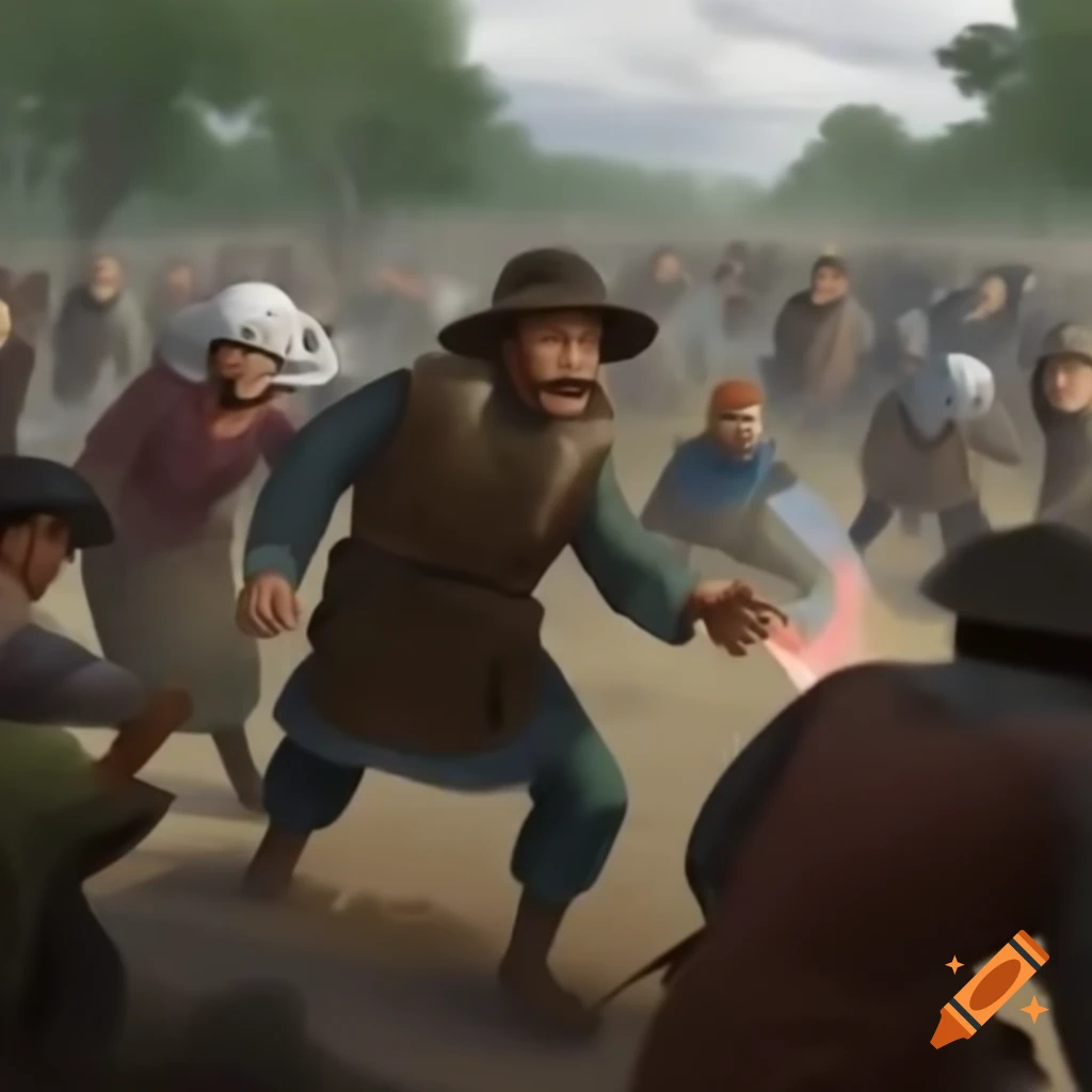 Villagers engaged in a riot scene