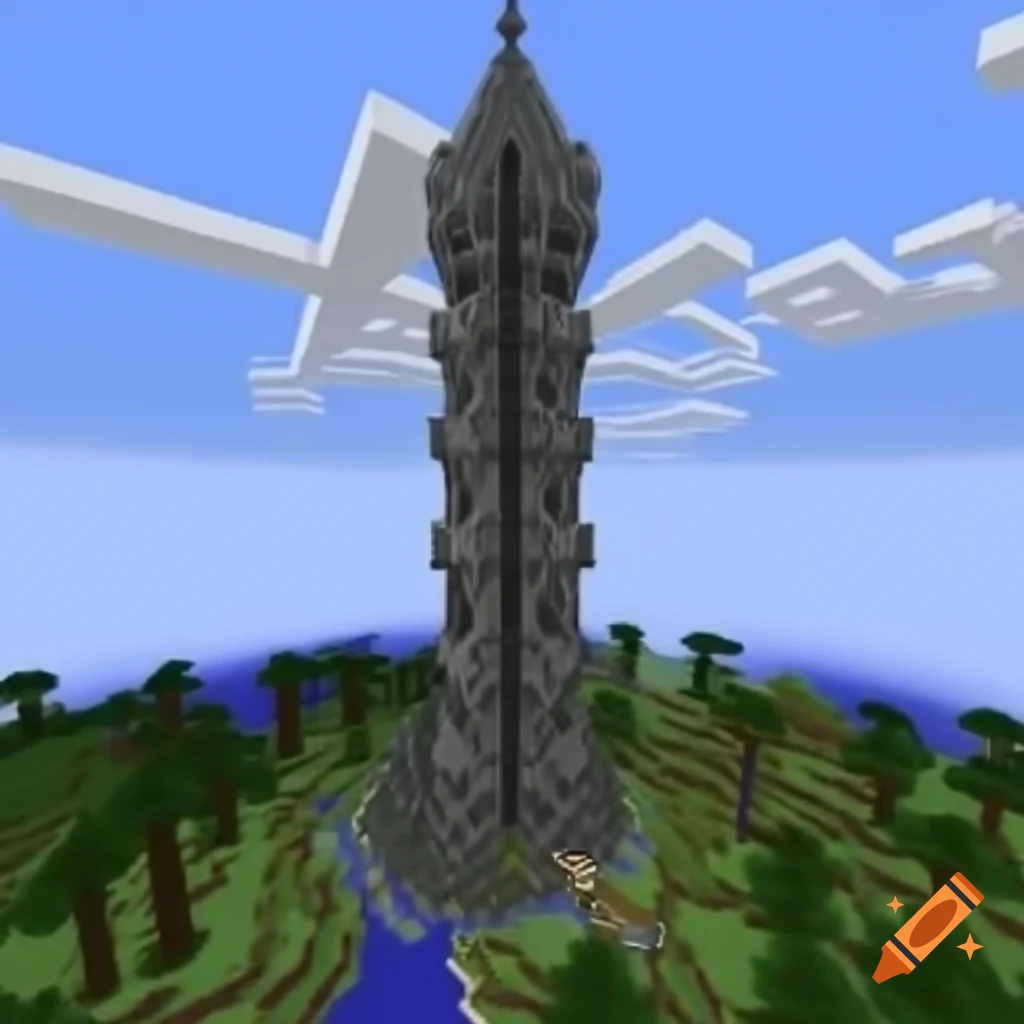 Minecraft tower located in the center of a lake, in-game screenshot