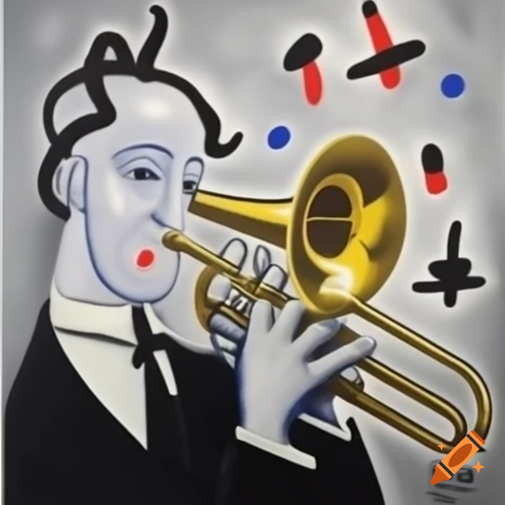 White man with dreadlock playing trumpet in the style of Joan Miró