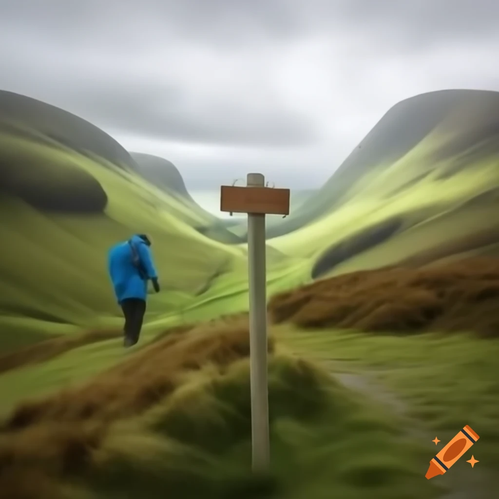 Welsh hillside with signpost and male hikers battling heavy rain
